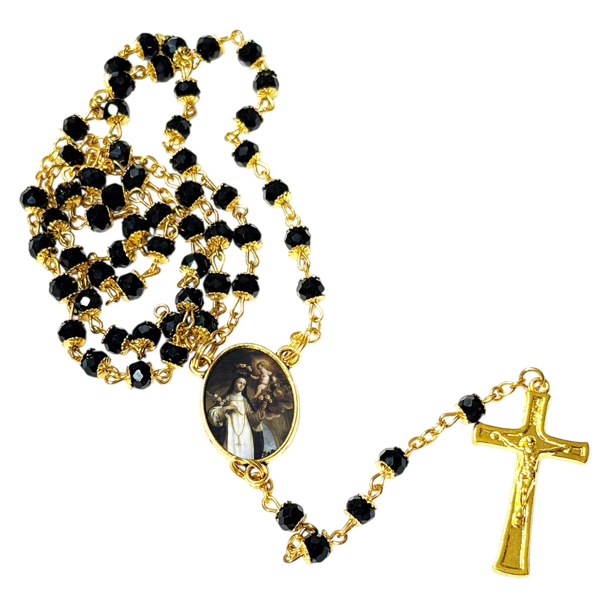 Saint Rose of Lima Patron of Peru Handcrafted rosary jet black quartz capped beads gold plated findings, crucifix, medal centerpiece with color image and a prayer card