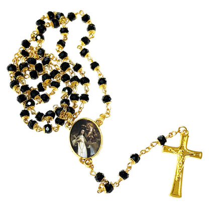 Saint Rose of Lima Patron of Peru Handcrafted rosary jet black quartz capped beads gold plated findings, crucifix, medal centerpiece with color image and a prayer card