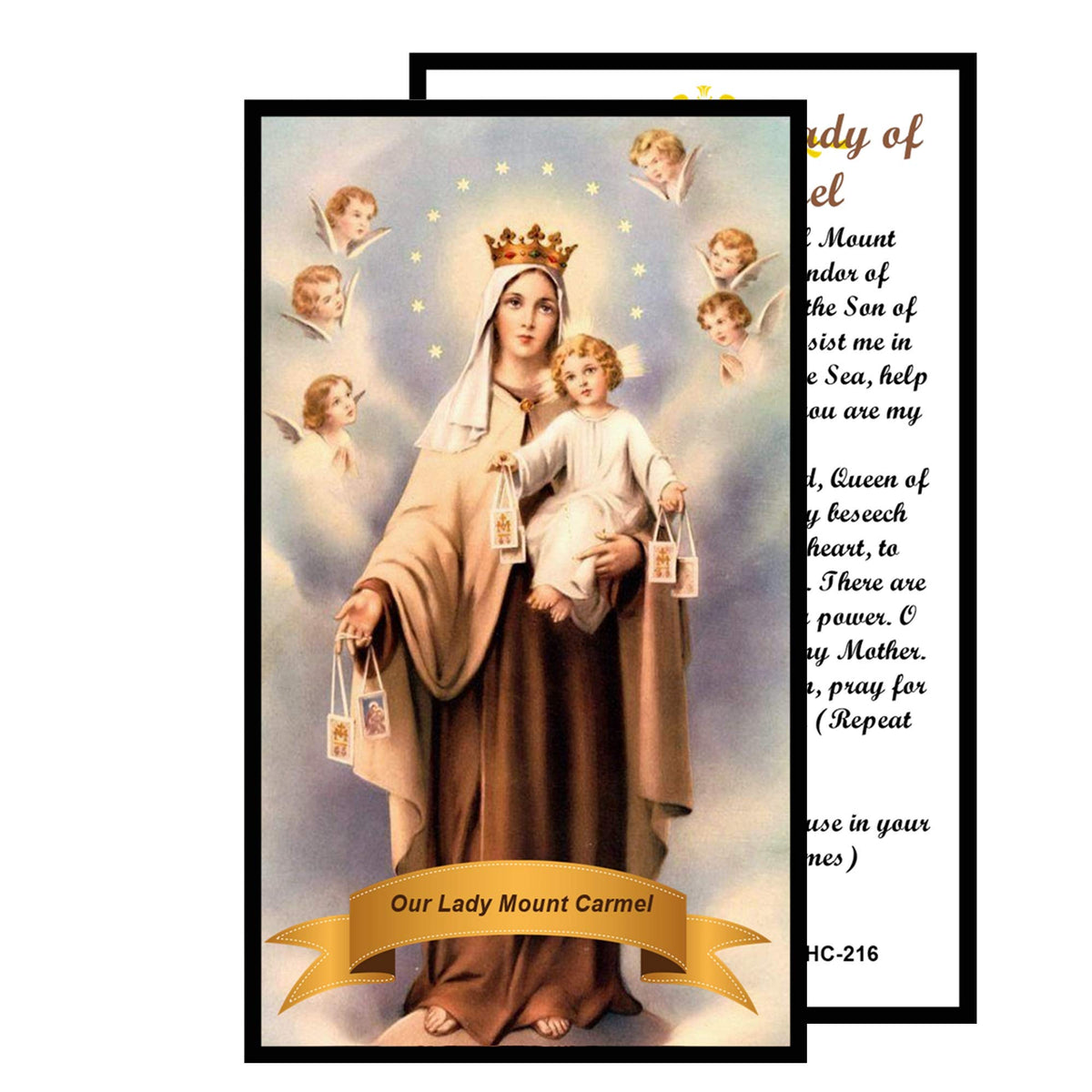Our Lady of Mount Carmel Handcrafted rosary jet black quartz capped beads gold plated findings, crucifix, medal centerpiece with color image and a prayer card IN ENGLISH