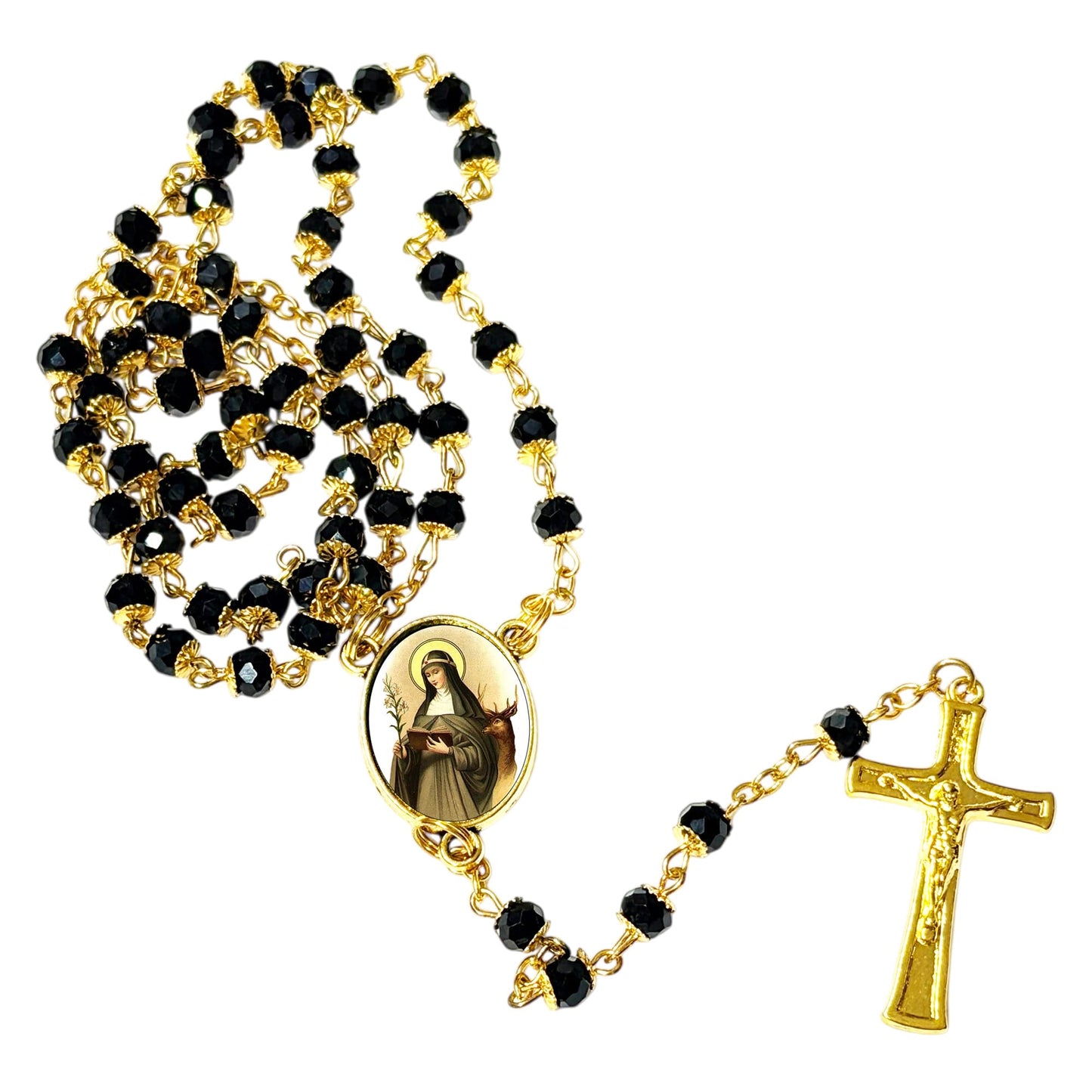 Saint Catherine of Sweden Patron of Mothers and Families Handcrafted rosary jet black quartz capped beads gold plated findings, crucifix, medal centerpiece with color image and a prayer card IN ENGLISH