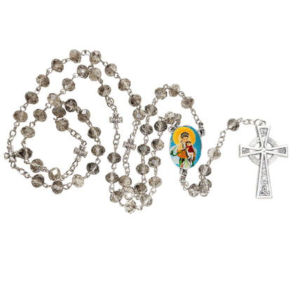 Gifts by Lulee, LLC Our Lady of China Handcrafted Smoke Quartz Crystal Rosary with Silver‑Plated Crucifix and Color Image Centerpiece – Cross Pater Nosters and Prayer Card Included