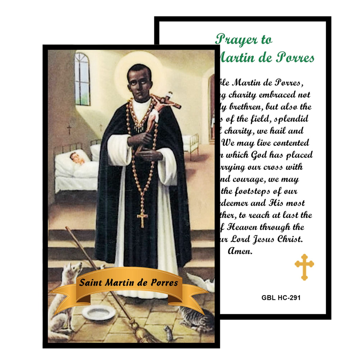 Saint Martin de Porres Patron of Mixed Races Handcrafted rosary jet black quartz capped beads gold plated findings, crucifix, medal centerpiece with color image and a prayer card