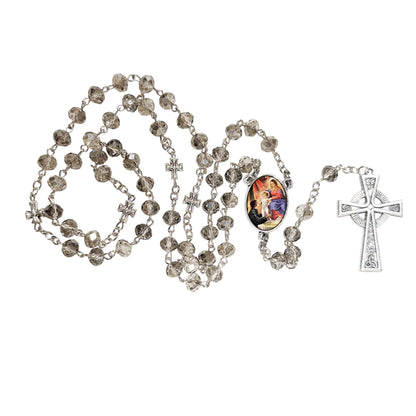 Saint Stanislaus Kostka Patron of Those with Broken Bones Handcrafted Smoke Quartz Crystal Rosary with Silver‑Plated Crucifix and Color Image Centerpiece Cross Pater Nosters and Prayer Card Included
