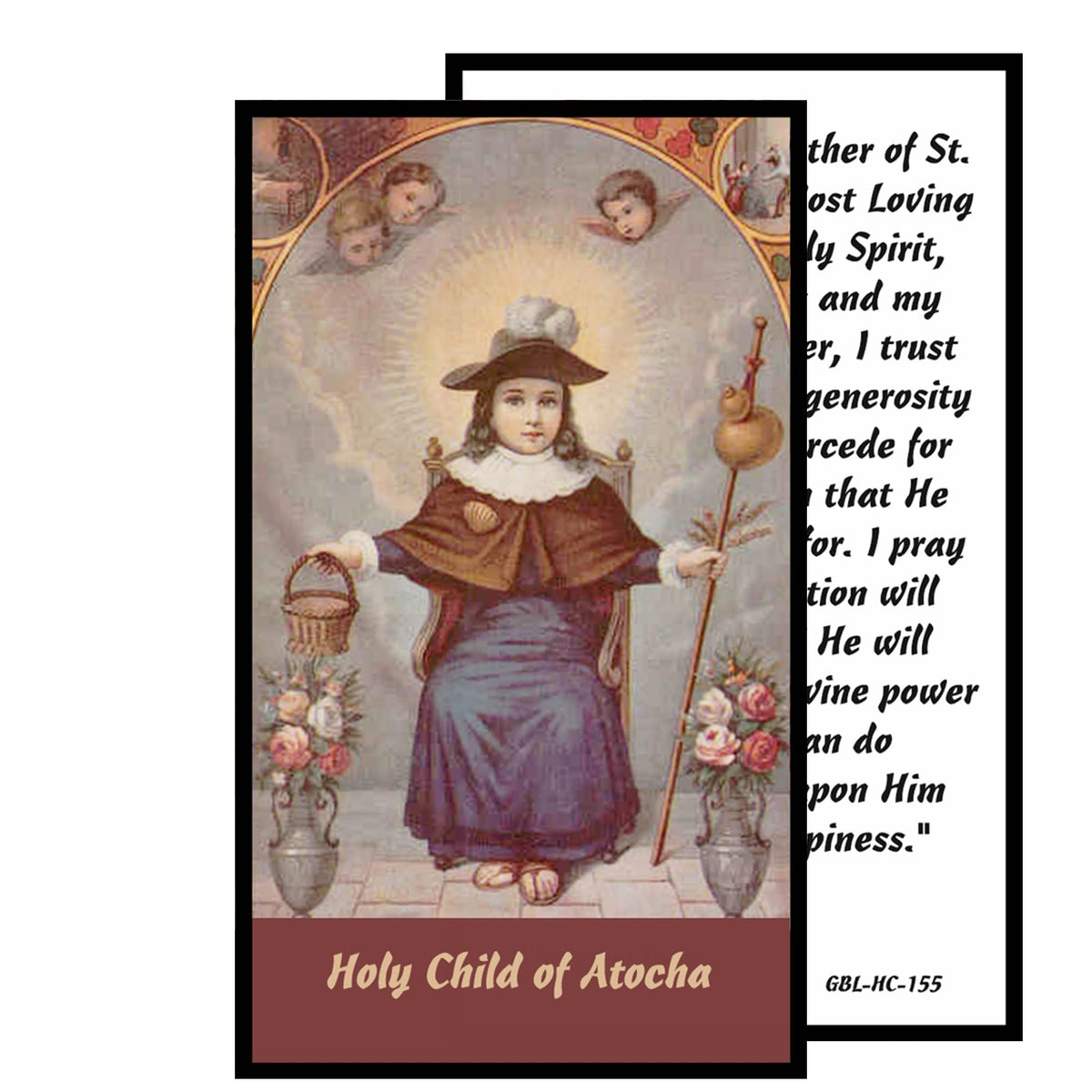 Holy Infant of Atocha Patron of Prisioners Handcrafted rosary jet black quartz capped beads gold plated findings, crucifix, medal centerpiece with color image and a prayer card IN ENGLISH