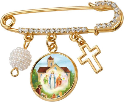 Our Lady of Knock Catholic Prayer Pin Brooch, Gold-Tone Rhinestone Safety Pin with Saint Medal, Cross Charm, White Pearl Bead Accent & English Prayer Card, Religious Faith Jewelry Gift