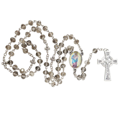 La Santisima Virgen De Chiquinquira Handcrafted Smoke Quartz Crystal Rosary with Silver‑Plated Crucifix and Color Image Centerpiece – Cross Pater Nosters and Prayer Card Included IN SPANISH