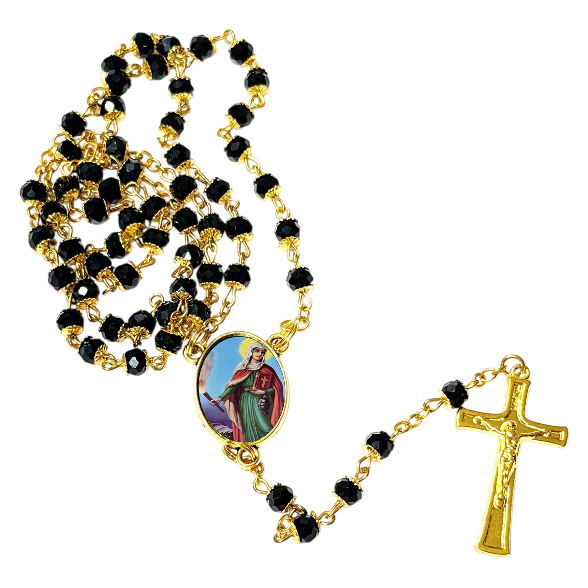 Saint Martha Patron of Servants and Cooks Handcrafted rosary jet black quartz capped beads gold plated findings, crucifix, medal centerpiece with color image and a prayer card