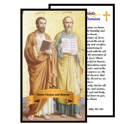 Saints Cosmas and Damian Patrons of Pharmacists and Physicians Handcrafted rosary jet black quartz capped beads gold plated findings, crucifix, medal centerpiece with color image and a prayer card