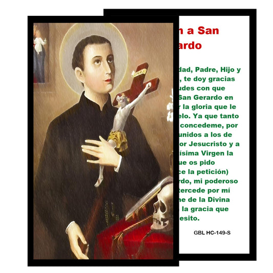 San Gerardo Mayela Patron de la Maternidad y Partos Seguros Rosario artesanal con cuentas de cuarzo negro azabache con coronita crucifijo y detalles enchapados en oro centro cabochon con imagen a color y postal EN ESPANOL