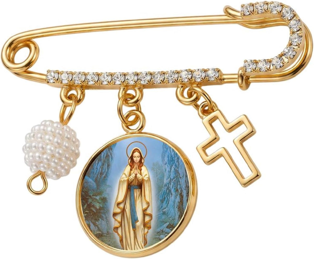 Our Lady of Lourdes Catholic Prayer Pin Brooch, Gold-Tone Rhinestone Safety Pin with Saint Medal, Cross Charm, White Pearl Bead Accent & English Prayer Card, Religious Faith Jewelry Gift