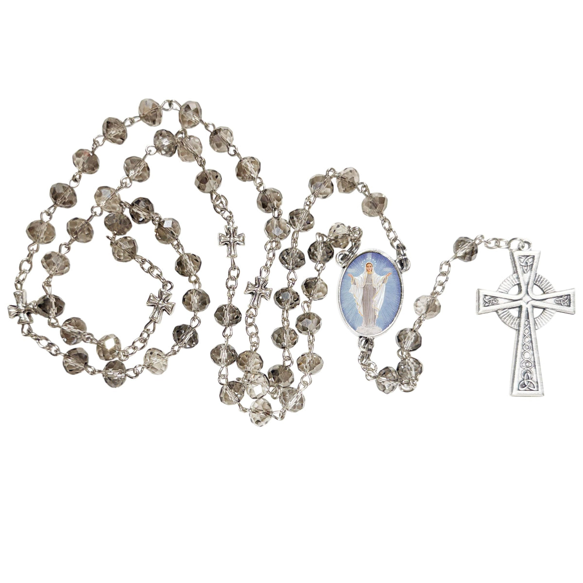 Our Lady Queen of Peace Handcrafted Smoke Quartz Crystal Rosary with Silver‑Plated Crucifix and Color Image Centerpiece – Cross Pater Nosters and Prayer Card Included