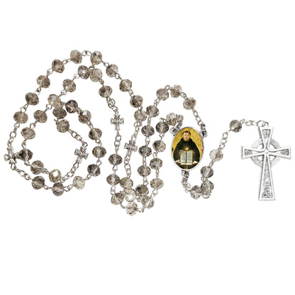 Saint Thomas Aquinas Patron of Students Handcrafted Smoke Quartz Crystal Rosary with Silver‑Plated Crucifix and Color Image Centerpiece – Cross Pater Nosters and Prayer Card Included