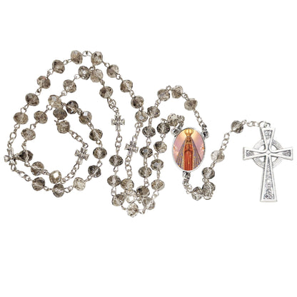 Nossa Senhora Aparecida Patron of Brazil Handcrafted Smoke Quartz Crystal Rosary with Silver‑Plated Crucifix and Color Image Centerpiece – Cross Pater Nosters and Prayer Card Included IN PORTUGUESE