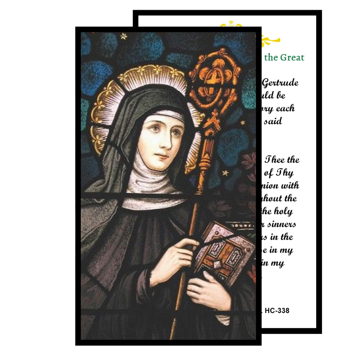 Saint Gertrude Patron of Cats and the Dead Handcrafted Smoke Quartz Crystal Rosary with Silver‑Plated Crucifix and Color Image Centerpiece Cross Pater Nosters and Prayer Card Included