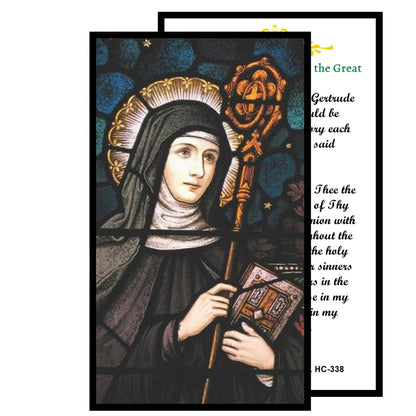 Saint Gertrude Patron of Cats and the Dead Handcrafted rosary jet black quartz capped beads gold plated findings, crucifix, medal centerpiece with color image and a prayer card