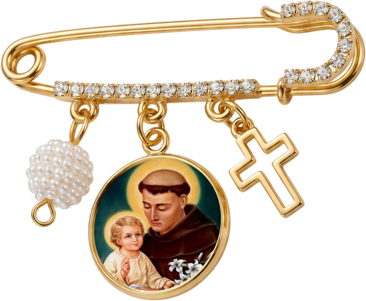 Saint Anthony Patron of Lost Things Gold-Tone Safety Pin Brooch with Saint Medal Cross Charm Pearl Accent and Crystal Details Religious Faith Pin