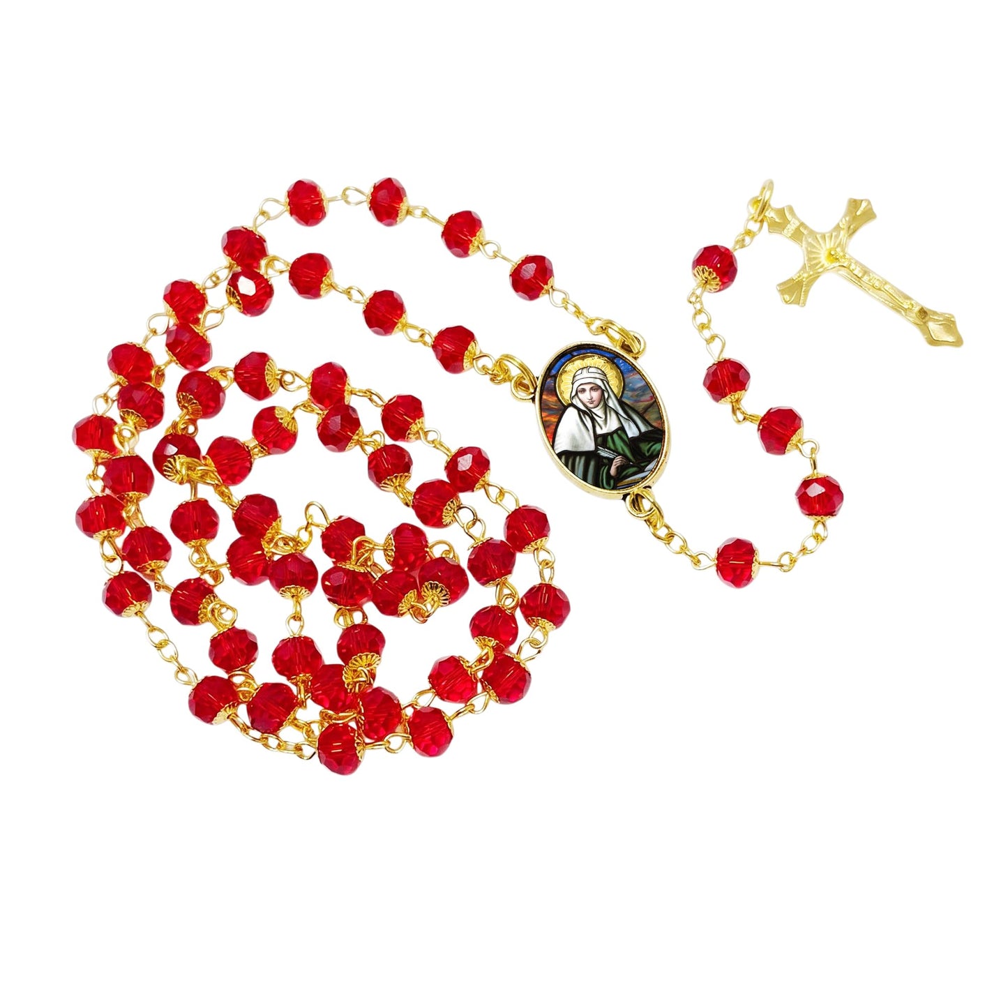 Saint Bridgit of Sweden Patron of Sweden Handcrafted Scarlett Red Crystal Rosary with All Capped Beads Gold Plated Findings a Cabochon Bezel Center with Color Image and Gold Includes a Prayer Card IN ENGLISH