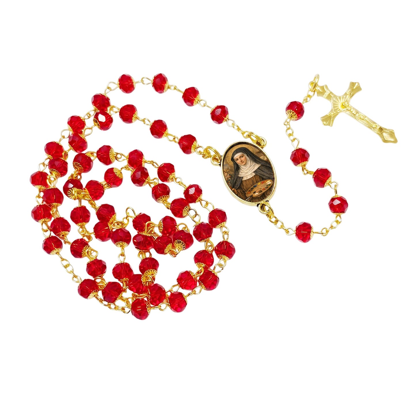Saint Catherine of Bologna Patron of Artists Handcrafted Scarlett Red Crystal Rosary with All Capped Beads Gold Plated Findings a Cabochon Bezel Center with Color Image and Gold Includes a Prayer Card IN ENGLISH