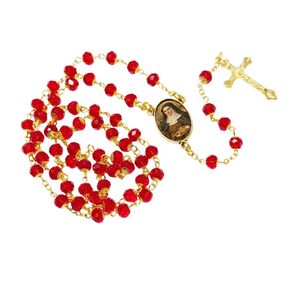 Saint Catherine of Bologna Patron of Artists Handcrafted Scarlett Red Crystal Rosary with All Capped Beads Gold Plated Findings a Cabochon Bezel Center with Color Image and Gold Includes a Prayer Card IN ENGLISH