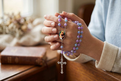 Saint Catherine of Bologna Patron of Artists Handcrafted Periwinkle Lavender Crystal Beaded Rosary with Silver Plated Findings and Crucifix a Cabochon Bezel Center with Color Image Includes a prayer card IN ENGLISH