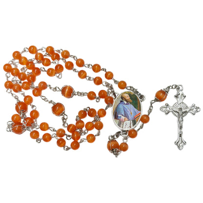 Saint Francis of Sales Patron of the Deaf Handcrafted Mandarin Crystal Beaded Rosary with Silver Plated Findings a Cabochon Bezel Center with Color Image and Silver Capped Pater Noster Beads Includes a Prayer Card IN ENGLISH