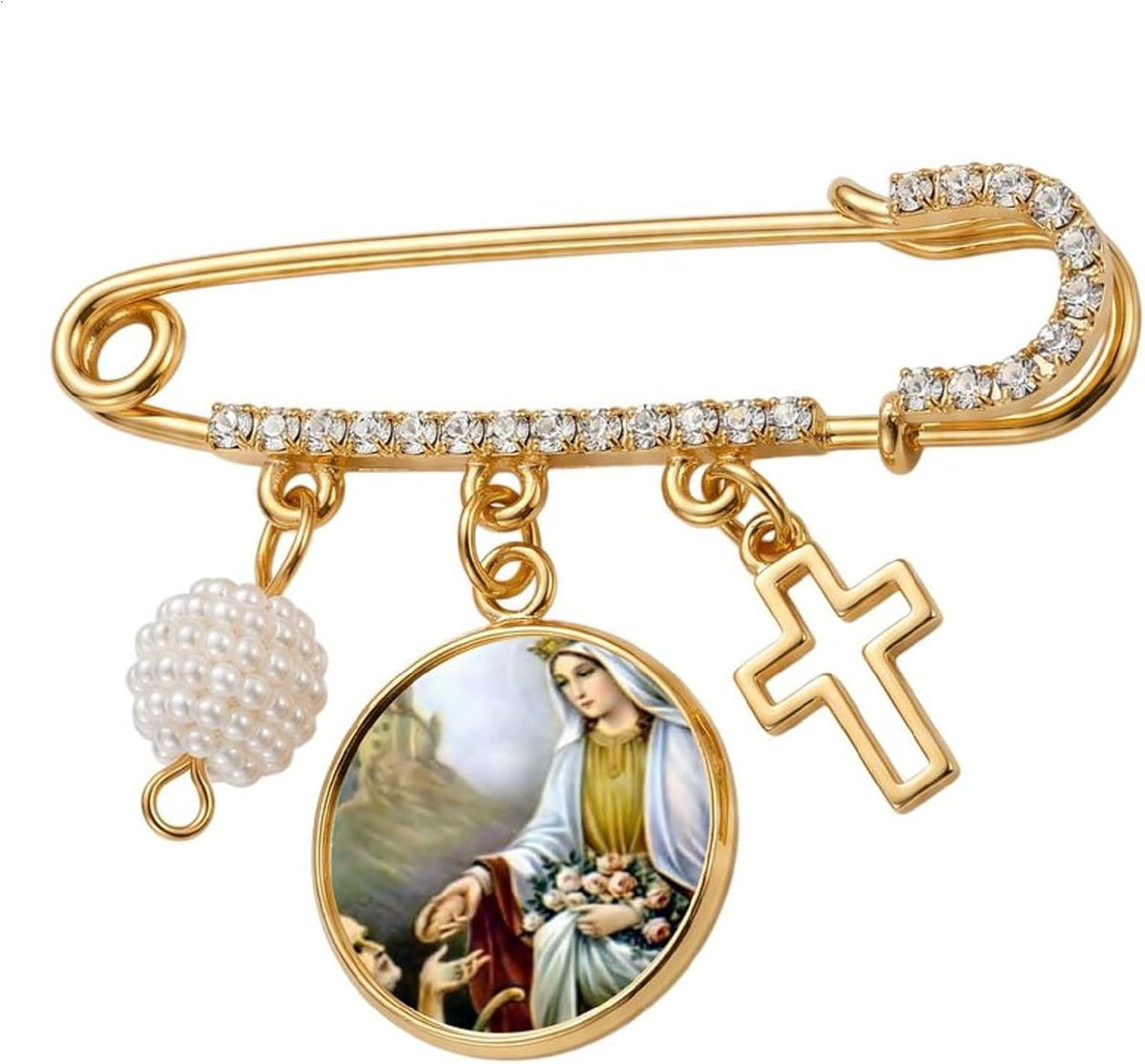 St. Isabelle Catholic Prayer Pin Brooch, Gold-Tone Rhinestone Safety Pin with Saint Medal, Cross Charm, Pearl Bead Accent & English Prayer Card, Religious Faith Jewelry Gift