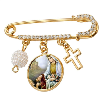 St. Isabelle Catholic Prayer Pin Brooch, Gold-Tone Rhinestone Safety Pin with Saint Medal, Cross Charm, Pearl Bead Accent & English Prayer Card, Religious Faith Jewelry Gift