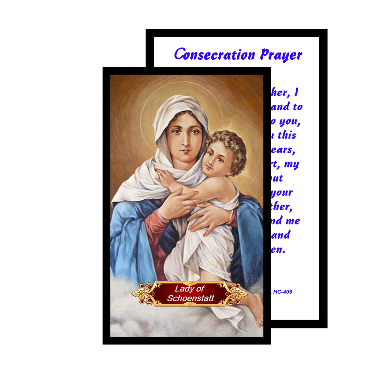 Our Lady of Schoenstatt Queen and Victress of Schoenstatt Handcrafted rosary jet black quartz capped beads gold plated findings, crucifix, medal centerpiece with color image and a prayer card
