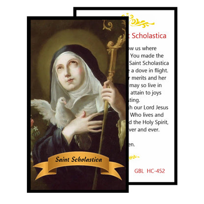 Saint Scholastica Founder of Benedictine Nuns Patroness of Convulsive Children Handcrafted rosary jet black quartz capped beads gold plated findings, crucifix, medal centerpiece with color image and a prayer card