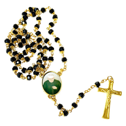 Servant of God Dolindo Ruotolo Apostle of Naples Handcrafted rosary jet black quartz capped beads gold plated findings, crucifix, medal centerpiece with color image and a prayer card