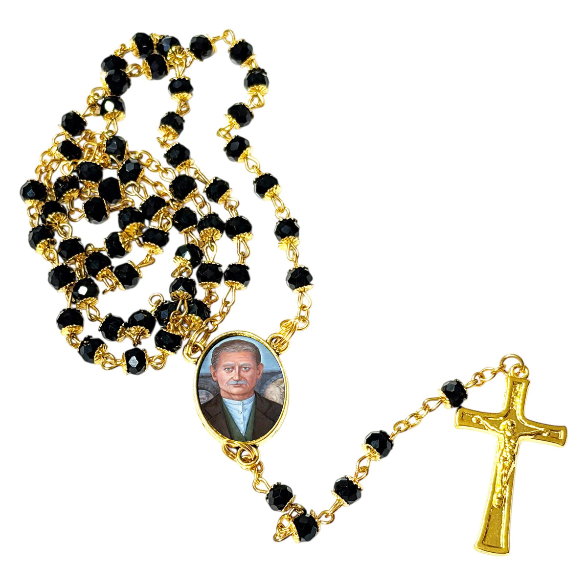 Venerable Matt Talbot Patron of Those Battling Alcoholism Handcrafted rosary jet black quartz capped beads gold plated findings, crucifix, medal centerpiece with color image and a prayer card