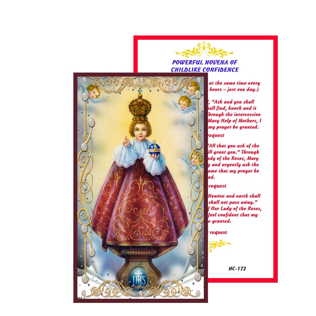 Holy Infant of Prague for Those in Need of Guidance Handcrafted rosary jet black quartz capped beads gold plated findings, crucifix, medal centerpiece with color image and a prayer card