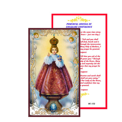 Holy Infant of Prague for Those in Need of Guidance Handcrafted rosary jet black quartz capped beads gold plated findings, crucifix, medal centerpiece with color image and a prayer card