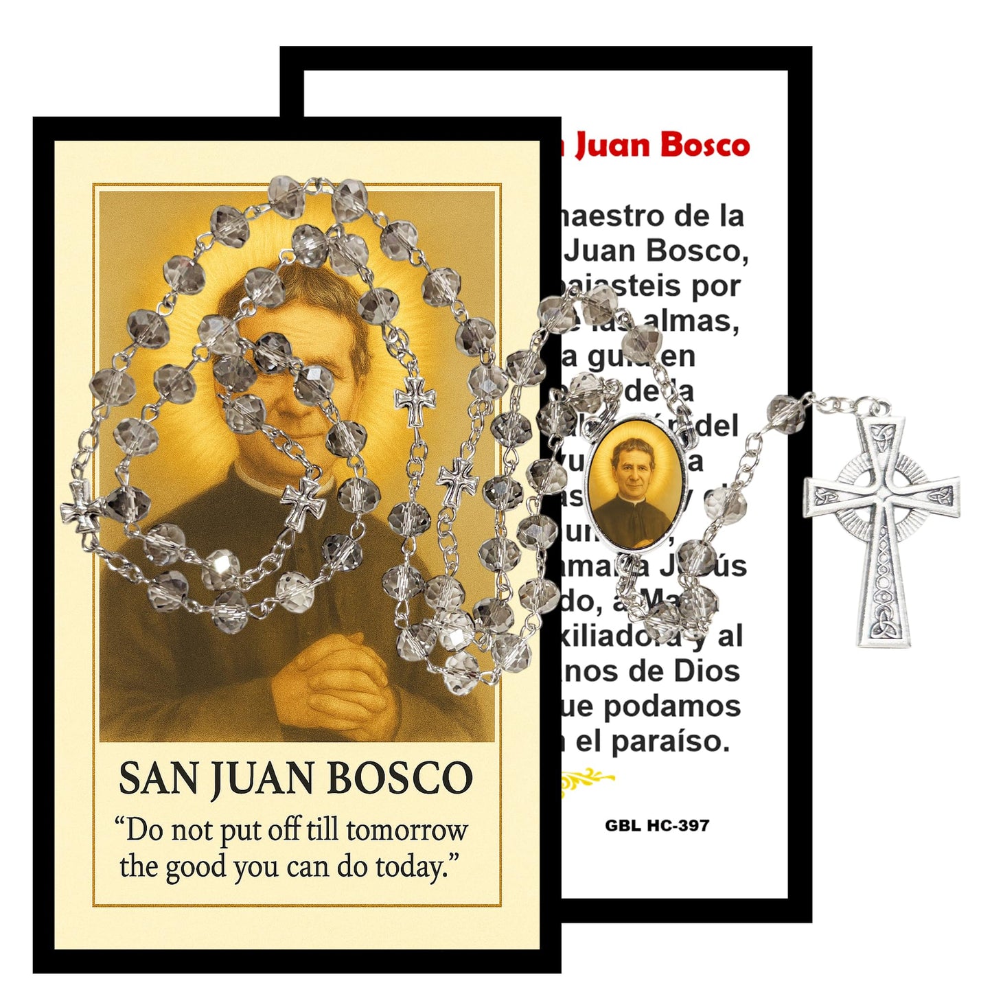 San Juan Bosco Don Bosco Patron de los Estudiantes Handcrafted Smoke Quartz Crystal Rosary with Silver‑Plated Crucifix and Color Image Centerpiece – Cross Pater Nosters and TARJETA EN ESPANOL