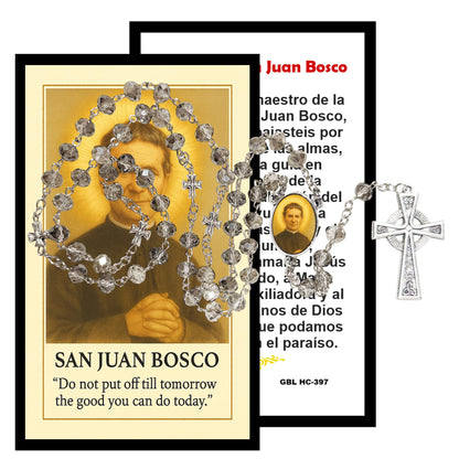 San Juan Bosco Don Bosco Patron de los Estudiantes Handcrafted Smoke Quartz Crystal Rosary with Silver‑Plated Crucifix and Color Image Centerpiece – Cross Pater Nosters and TARJETA EN ESPANOL