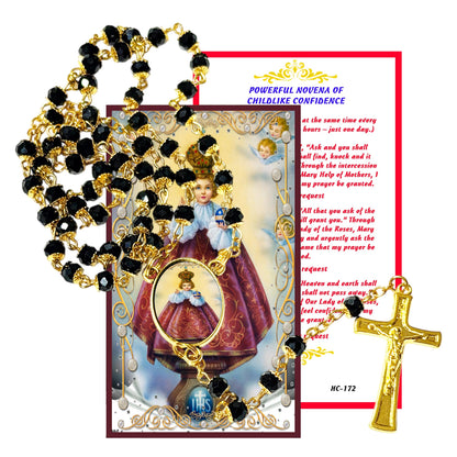 Holy Infant of Prague for Those in Need of Guidance Handcrafted rosary jet black quartz capped beads gold plated findings, crucifix, medal centerpiece with color image and a prayer card