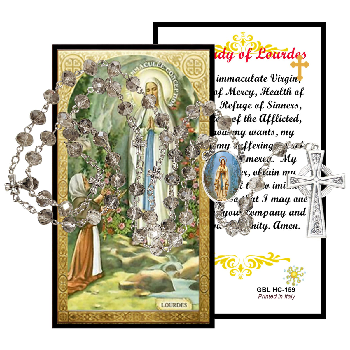 Our Lady of Lourdes Handcrafted Smoke Quartz Crystal Rosary with Silver‑Plated Crucifix and Color Image Centerpiece – Cross Pater Nosters and Prayer Card Included