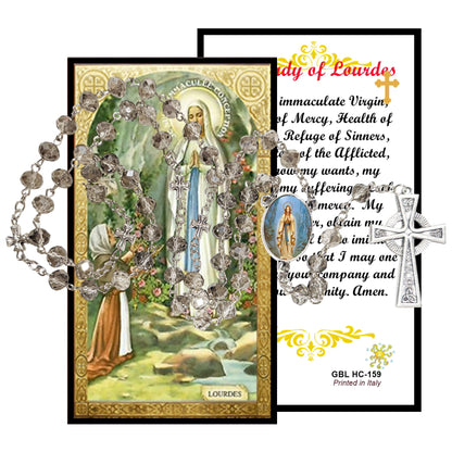 Our Lady of Lourdes Handcrafted Smoke Quartz Crystal Rosary with Silver‑Plated Crucifix and Color Image Centerpiece – Cross Pater Nosters and Prayer Card Included