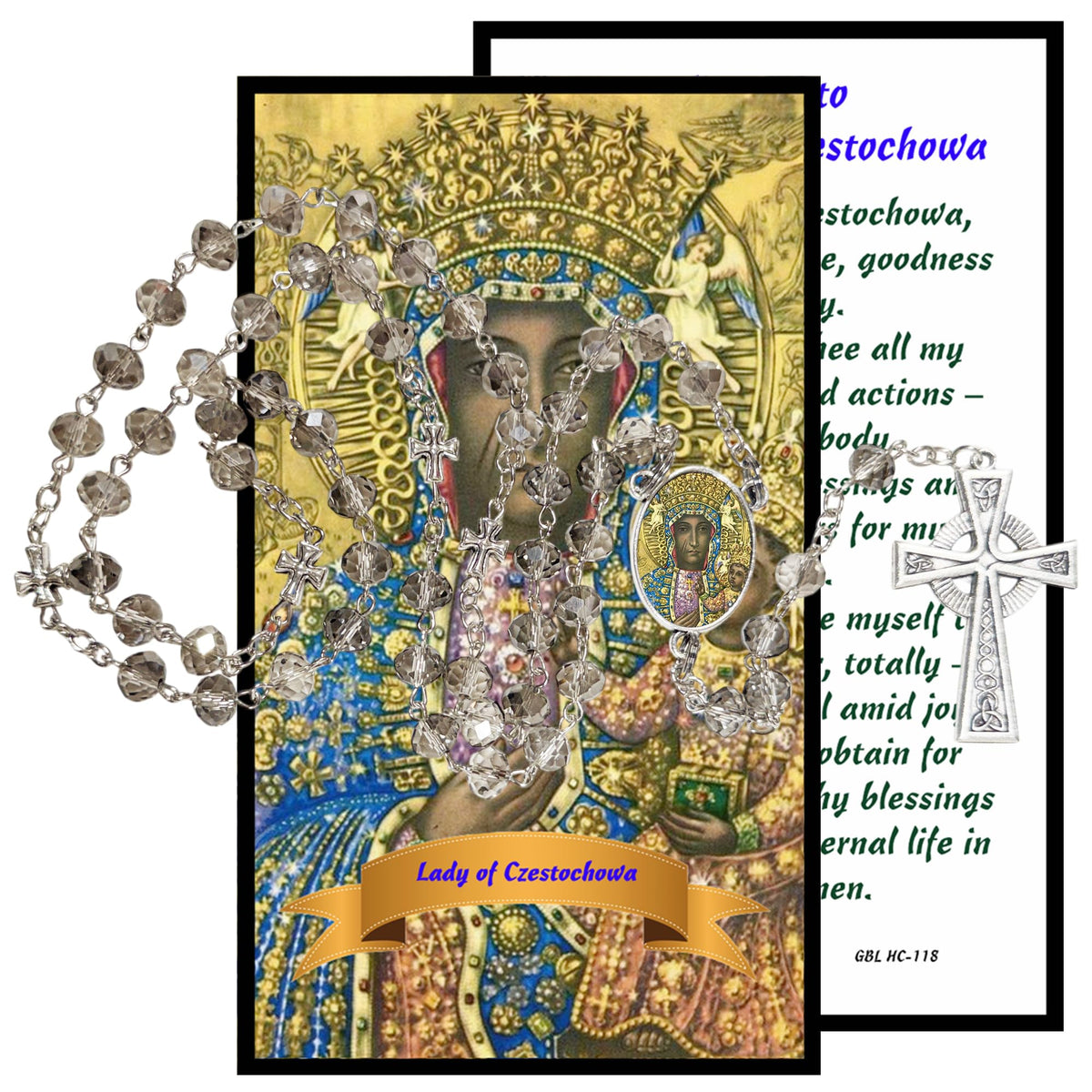 Our Lady of Czestochowa Patron of Poland Handcrafted Smoke Quartz Crystal Rosary with Silver‑Plated Crucifix and Color Image Centerpiece – Cross Pater Nosters and Prayer Card Included