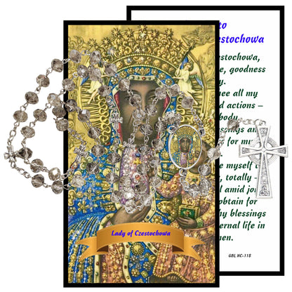 Our Lady of Czestochowa Patron of Poland Handcrafted Smoke Quartz Crystal Rosary with Silver‑Plated Crucifix and Color Image Centerpiece – Cross Pater Nosters and Prayer Card Included