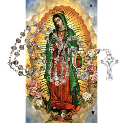 Virgen de Guadalupe Patrona de Las Americas Rosario artesanal de cristal de cuarzo ahumado con crucifijo bañado en plata y centro con imagen a color – crucifijos por Padre Nuestros y postal de rezo EN ESPANOL