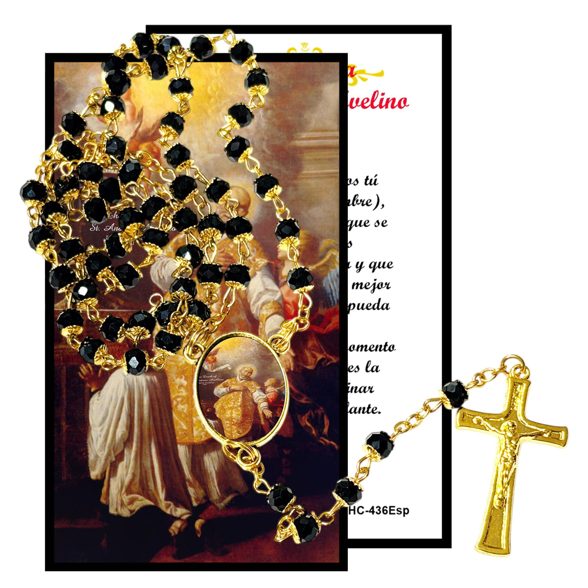 Saint Andrew Avellino the Patron Saint of Blood Pressure and Stroke Handcrafted rosary jet black quartz capped beads gold plated findings, crucifix, medal centerpiece with color image and a prayer card IN ENGLISH
