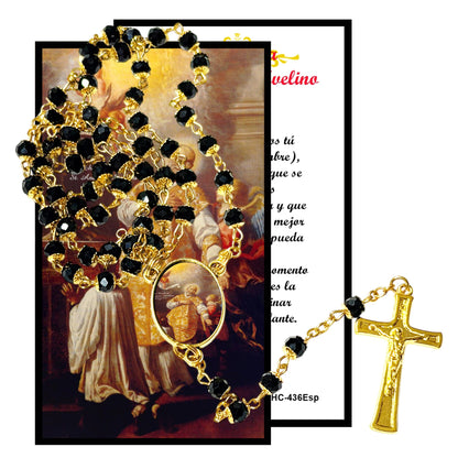 Saint Andrew Avellino the Patron Saint of Blood Pressure and Stroke Handcrafted rosary jet black quartz capped beads gold plated findings, crucifix, medal centerpiece with color image and a prayer card IN ENGLISH