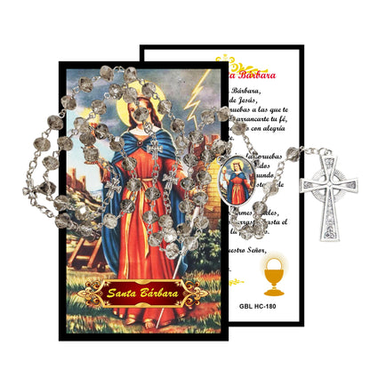 Santa Barbara Bendita Patrona de los Bomberos Marineros y Mineros Rosario artesanal de cristal de cuarzo ahumado con crucifijo bañado en plata y centro con imagen a color – crucifijos por Padre Nuestros y postal de rezo EN ESPANOL