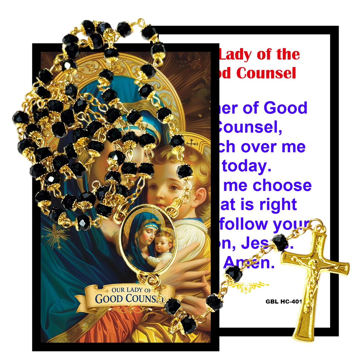 Our Lady of Good Counsel Prayer for Clarity, Wisdom and Direction Handcrafted rosary jet black quartz capped beads gold plated findings, crucifix, medal centerpiece with color image and a prayer card