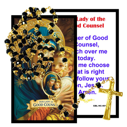 Our Lady of Good Counsel Prayer for Clarity, Wisdom and Direction Handcrafted rosary jet black quartz capped beads gold plated findings, crucifix, medal centerpiece with color image and a prayer card