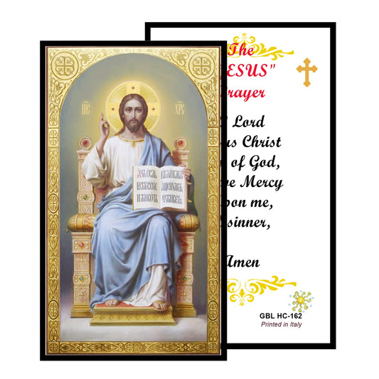 The JESUS Prayer Christ Pantocrator Handcrafted rosary jet black quartz capped beads gold plated findings, crucifix, medal centerpiece with color image and a prayer card