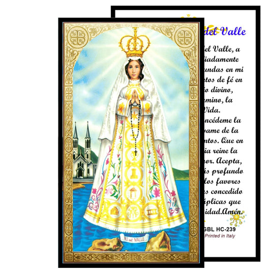 Virgen del Valle Patrona de la Isla Margarita Rosario Artesanal con cuentas de cuarzo negro azabache con coronita crucifijo y detalles enchapados en oro centro cabochon con imagen a color y postal de rezo