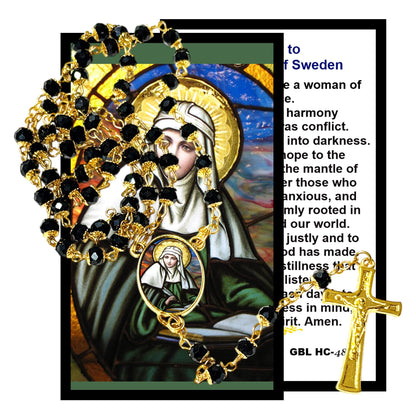 Saint Bridgit of Sweden Patron of Sweden Handcrafted rosary jet black quartz capped beads gold plated findings, crucifix, medal centerpiece with color image and a prayer card IN ENGLISH