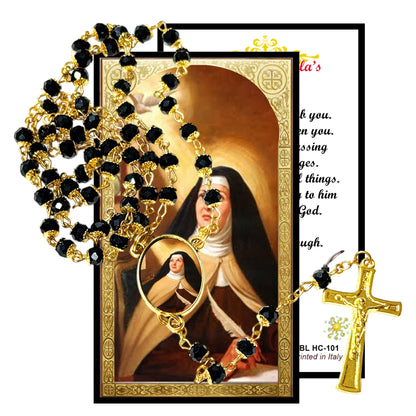 Saint Therese of Avila Teresa de Jesus Handcrafted rosary jet black quartz capped beads gold plated findings, crucifix, medal centerpiece with color image and a prayer card IN ENGLISH